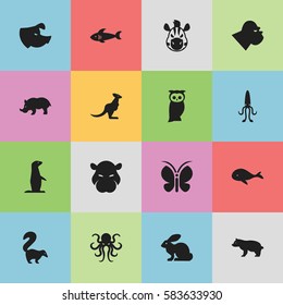 Set Of 16 Editable Zoo Icons. Includes Symbols Such As Ocean Blower, Shark, Skunk And More. Can Be Used For Web, Mobile, UI And Infographic Design.