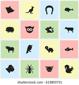 Set Of 16 Editable Zoo Icons. Includes Symbols Such As Rat, Wild Rodent, Shark And More. Can Be Used For Web, Mobile, UI And Infographic Design.