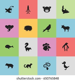 Set Of 16 Editable Zoo Icons. Includes Symbols Such As Quack, Ocean Blower, Proboscis And More. Can Be Used For Web, Mobile, UI And Infographic Design.