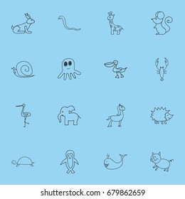 Set Of 16 Editable Zoology Doodles. Includes Symbols Such As Squid, Lobster, Tortoise And More. Can Be Used For Web, Mobile, UI And Infographic Design.