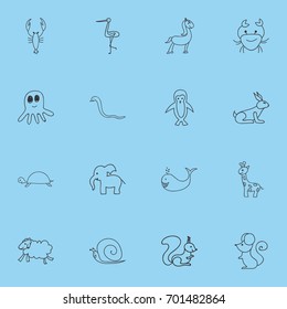 Set Of 16 Editable Zoology Doodles. Includes Symbols Such As Ewe, Polar Bird, Serpent And More. Can Be Used For Web, Mobile, UI And Infographic Design.