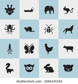 Set of 16 editable zoology icons. Includes symbols such as octopus, elephant, beast and more. Can be used for web, mobile, UI and infographic design.