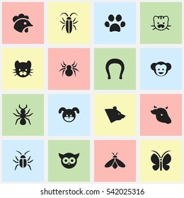 Set Of 16 Editable Zoology Icons. Includes Symbols Such As Rooster, Moth, Bedbug And More. Can Be Used For Web, Mobile, UI And Infographic Design.