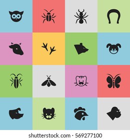 Set Of 16 Editable Zoology Icons. Includes Symbols Such As Beast, Bull, Rooster And More. Can Be Used For Web, Mobile, UI And Infographic Design.