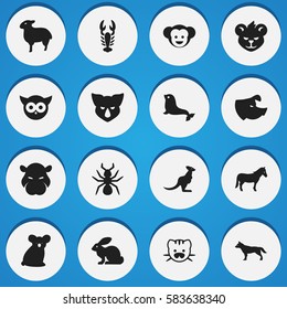 Set Of 16 Editable Zoology Icons. Includes Symbols Such As Stallion, Dog, Hippopotamus And More. Can Be Used For Web, Mobile, UI And Infographic Design.