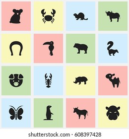 Set Of 16 Editable Zoology Icons. Includes Symbols Such As Crawfish, Panda, Hog. Can Be Used For Web, Mobile, UI And Infographic Design.