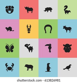 Set Of 16 Editable Zoology Icons. Includes Symbols Such As Panda, Ox, Cow. Can Be Used For Web, Mobile, UI And Infographic Design.