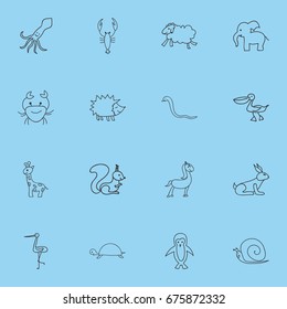 Set Of 16 Editable Zoology Icons. Includes Symbols Such As Rabbit, Slug, Tall Animal And More. Can Be Used For Web, Mobile, UI And Infographic Design.