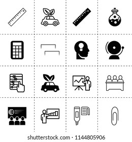 Set of 16 education filled and outline icons such as key hole in head, eco car, school bell, ruler, calculator, test tube, sport conference, lecturer, abacus, lesson, clip