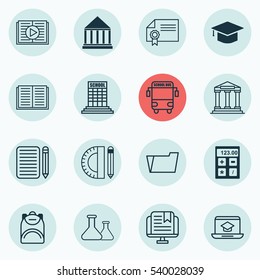 Set Of 16 Education Icons. Includes Haversack, Opened Book, Document Case And Other Symbols. Beautiful Design Elements.