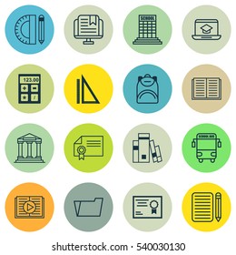 Set Of 16 Education Icons. Includes Diploma, Haversack, Taped Book And Other Symbols. Beautiful Design Elements.