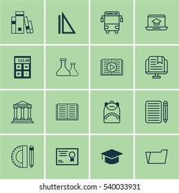 Set Of 16 Education Icons. Includes Transport Vehicle, College, Home Work And Other Symbols. Beautiful Design Elements.