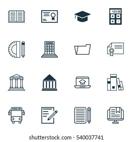 Set Of 16 Education Icons. Includes Opened Book, Library, Document Case And Other Symbols. Beautiful Design Elements.