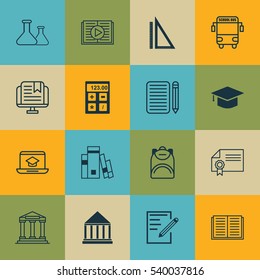 Set Of 16 Education Icons. Includes Transport Vehicle, Library, Haversack And Other Symbols. Beautiful Design Elements.