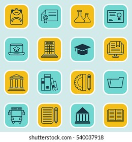 Set Of 16 Education Icons. Includes Distance Learning, Opened Book, E-Study And Other Symbols. Beautiful Design Elements.