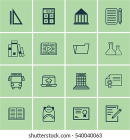 Set Of 16 Education Icons. Includes Measurement, Certificate, Diploma And Other Symbols. Beautiful Design Elements.