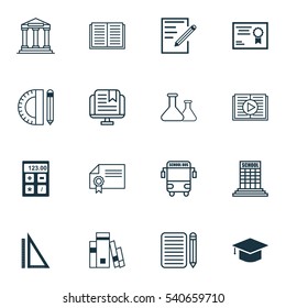 Set Of 16 Education Icons. Includes Library, E-Study, Opened Book And Other Symbols. Beautiful Design Elements.