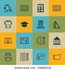 Set Of 16 Education Icons. Includes Education Tools, Diploma, Opened Book And Other Symbols. Beautiful Design Elements.