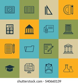 Set Of 16 Education Icons. Includes Home Work, Education Center, Education Tools And Other Symbols. Beautiful Design Elements.