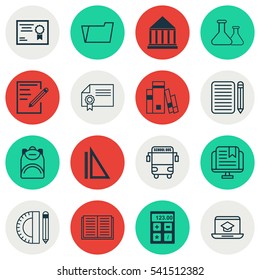 Set Of 16 Education Icons. Includes Document Case, Opened Book, Library And Other Symbols. Beautiful Design Elements.