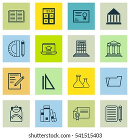 Set Of 16 Education Icons. Includes Measurement, Home Work, Education Tools And Other Symbols. Beautiful Design Elements.