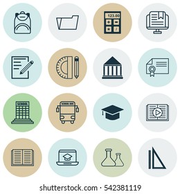 Set Of 16 Education Icons. Includes Measurement, Graduation, Paper And Other Symbols. Beautiful Design Elements.