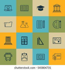 Set Of 16 Education Icons. Includes Diploma, Distance Learning, Home Work And Other Symbols. Beautiful Design Elements.