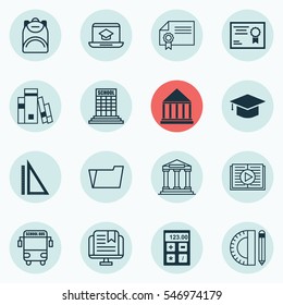 Set Of 16 Education Icons. Includes Transport Vehicle, Electronic Tool, Library And Other Symbols. Beautiful Design Elements.