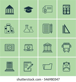 Set Of 16 Education Icons. Includes Distance Learning, Home Work, Measurement And Other Symbols. Beautiful Design Elements.