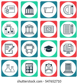 Set Of 16 Education Icons. Includes Document Case, Paper, College And Other Symbols. Beautiful Design Elements.