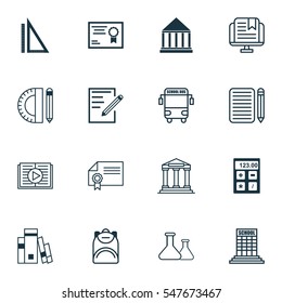 Set Of 16 Education Icons. Includes E-Study, Electronic Tool, Diploma And Other Symbols. Beautiful Design Elements.