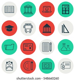 Set Of 16 Education Icons. Includes Electronic Tool, Taped Book, Haversack And Other Symbols. Beautiful Design Elements.