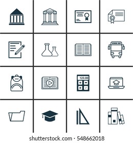 Set Of 16 Education Icons. Includes Taped Book, Diploma, College And Other Symbols. Beautiful Design Elements.