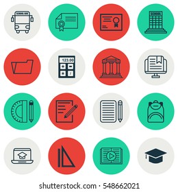 Set Of 16 Education Icons. Includes Paper, Haversack, Academy And Other Symbols. Beautiful Design Elements.