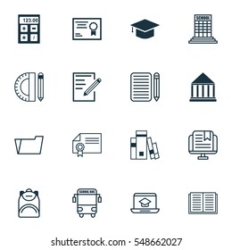 Set Of 16 Education Icons. Includes E-Study, Distance Learning, Library And Other Symbols. Beautiful Design Elements.