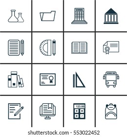 Set Of 16 Education Icons. Includes Haversack, Diploma, E-Study And Other Symbols. Beautiful Design Elements.