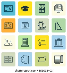 Set Of 16 Education Icons. Includes E-Study, Academy, Document Case And Other Symbols. Beautiful Design Elements.