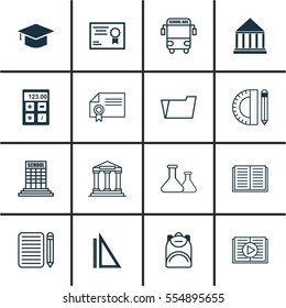 Set Of 16 Education Icons. Includes Home Work, Taped Book, Diploma And Other Symbols. Beautiful Design Elements.