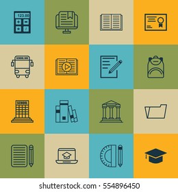 Set Of 16 Education Icons. Includes Opened Book, Education Tools, College And Other Symbols. Beautiful Design Elements.