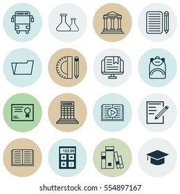 Set Of 16 Education Icons. Includes Document Case, Opened Book, Academy And Other Symbols. Beautiful Design Elements.