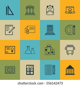 Set Of 16 Education Icons. Includes Diploma, Taped Book, Distance Learning And Other Symbols. Beautiful Design Elements.