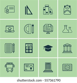 Set Of 16 Education Icons. Includes Distance Learning, Academy, Measurement And Other Symbols. Beautiful Design Elements.