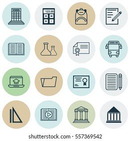 Set Of 16 Education Icons. Includes Opened Book, Taped Book, Diploma And Other Symbols. Beautiful Design Elements.