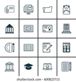Set Of 16 Education Icons. Includes E-Study, Home Work, Opened Book And Other Symbols. Beautiful Design Elements.