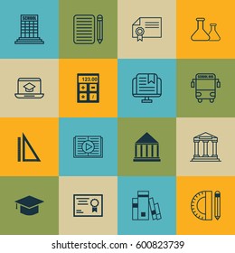 Set Of 16 Education Icons. Includes Academy, Taped Book, E-Study And Other Symbols. Beautiful Design Elements.