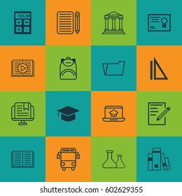 Set Of 16 Education Icons. Includes Document Case, Paper, Measurement And Other Symbols. Beautiful Design Elements.