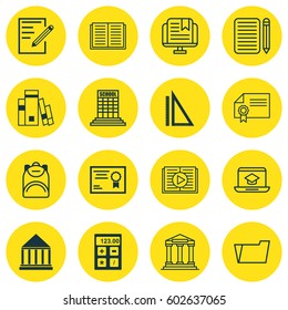 Set Of 16 Education Icons. Includes Education Center, Electronic Tool, Document Case And Other Symbols. Beautiful Design Elements.