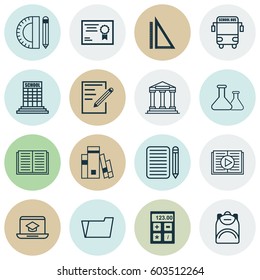 Set Of 16 Education Icons. Includes Opened Book, Education Tools, Haversack And Other Symbols. Beautiful Design Elements.
