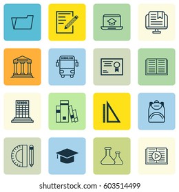 Set Of 16 Education Icons. Includes Library, Transport Vehicle, Haversack And Other Symbols. Beautiful Design Elements.