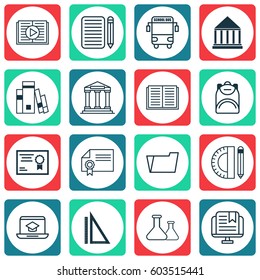 Set Of 16 Education Icons. Includes Document Case, Certificate, Opened Book And Other Symbols. Beautiful Design Elements.